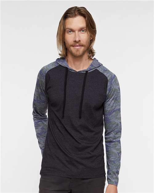 Vintage Smoke/ Vintage Camo/ Black Fine Jersey Hooded Long Sleeve Raglan T-Shirt - 6917