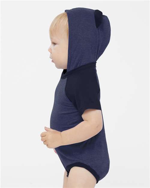 Vintage True Navy/ Navy Fine Jersey Infant Short Sleeve Raglan Bodysuit with Hood &amp; Ears - 4417