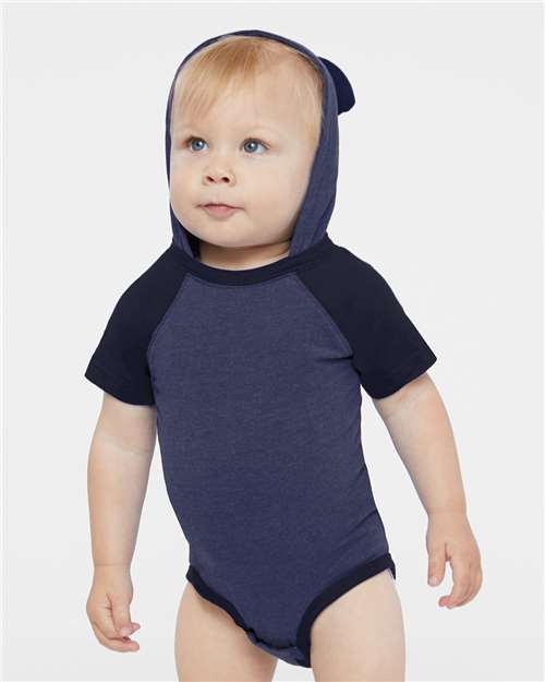 Vintage True Navy/ Navy Fine Jersey Infant Short Sleeve Raglan Bodysuit with Hood &amp; Ears - 4417