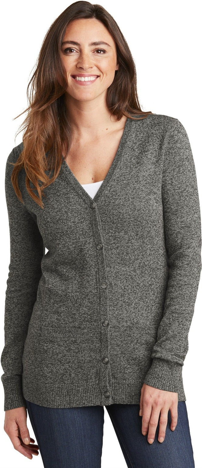 Warm Grey Marl Port Authority Women's Marled Cardigan Sweater. LSW415