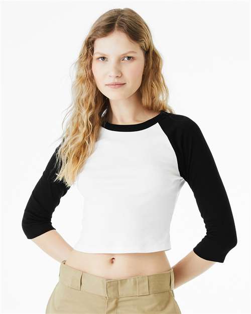White/ Black Women&#39;s Micro Rib 3/4 Raglan Sleeve Baby Tee - 1200