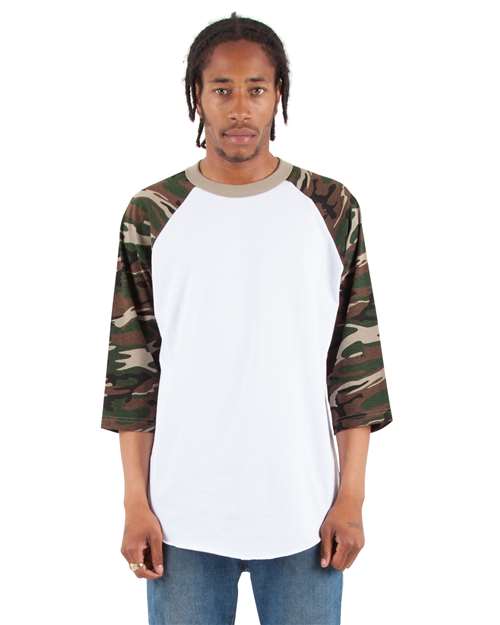 White/ Camo Green Three-Quarter Sleeve Camo Raglan T-Shirt - SHRAGCM
