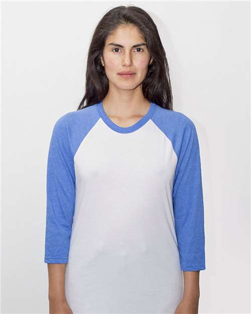 White/ Heather Lake Blue USA-Made Three Quarter Sleeve Raglan Baseball T-Shirt - FF53