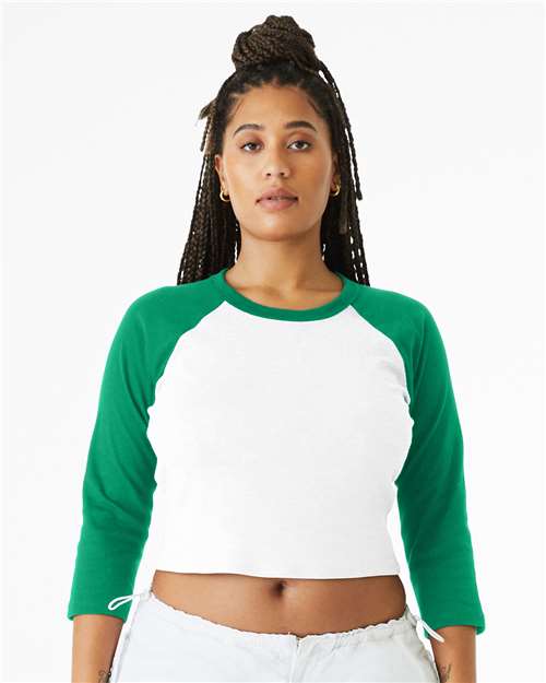White/ Kelly Women&#39;s Micro Rib 3/4 Raglan Sleeve Baby Tee - 1200