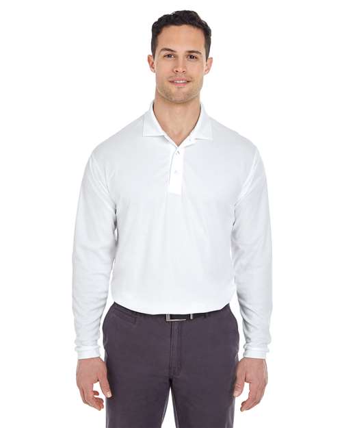 White Men's Cool & Dry Long Sleeve Mesh Piqué Polo - 8210LS