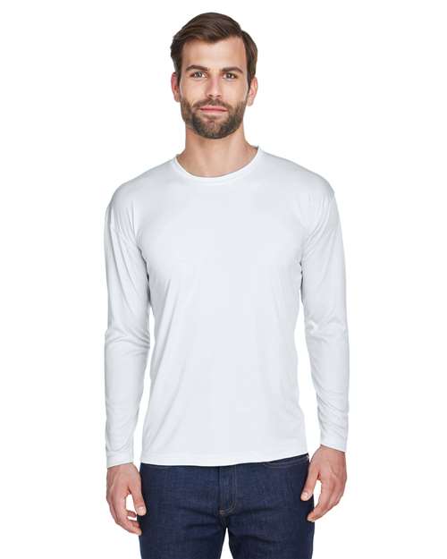 Front View of White Men's Cool & Dry Sport Long Sleeve Performance Interlock T-Shirt - 8422