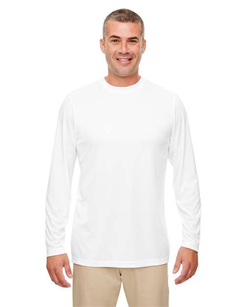 Front View of White Men's Cool & Dry Sport Performance Long Sleeve T-Shirt - 8622