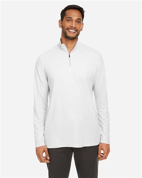 Left View of White Men's Fusion ChromaSoft™ Pique Quarter-Zip Pullover - CE405