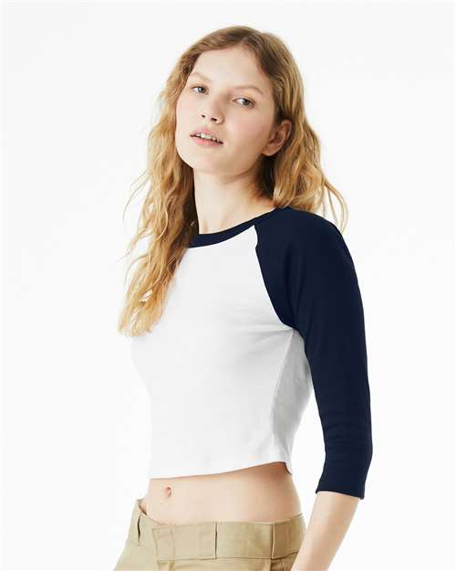 White/ Navy Women's Micro Rib 3/4 Raglan Sleeve Baby Tee - 1200