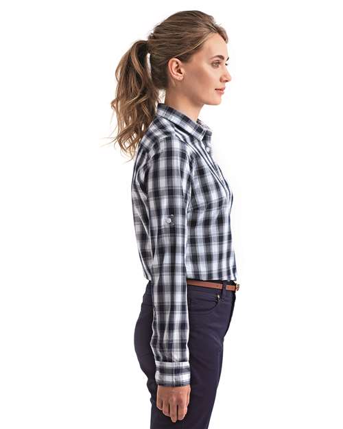 White/ Navy Women&#39;s Mulligan Check Cotton Dress Shirt - RP350