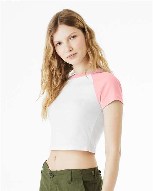 White/ Pink Women's Micro Rib Raglan Baby Tee - 1201