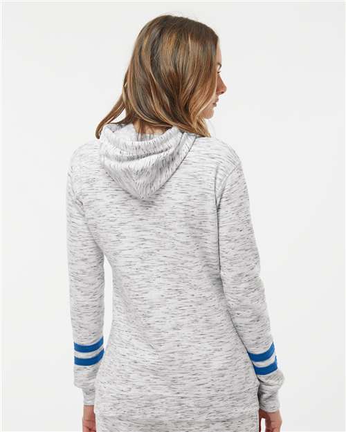 White/ Royal Women’s Mélange Fleece Striped-Sleeve Hooded Sweatshirt - 8674
