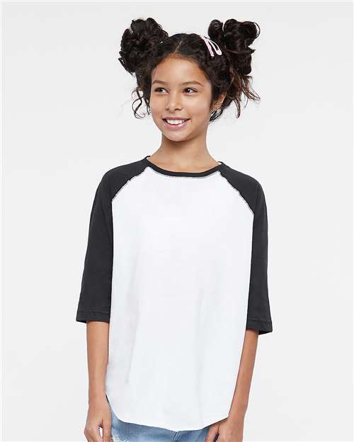 White Solid/ Black Youth Baseball Fine Jersey Three-Quarter Sleeve Tee - 6130