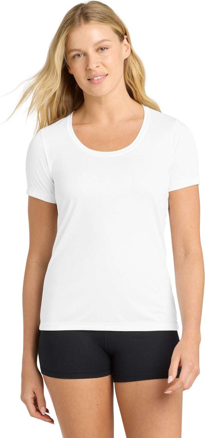 White Sport-Tek Women's Posi-UV Pro Scoop Neck Tee. LST420