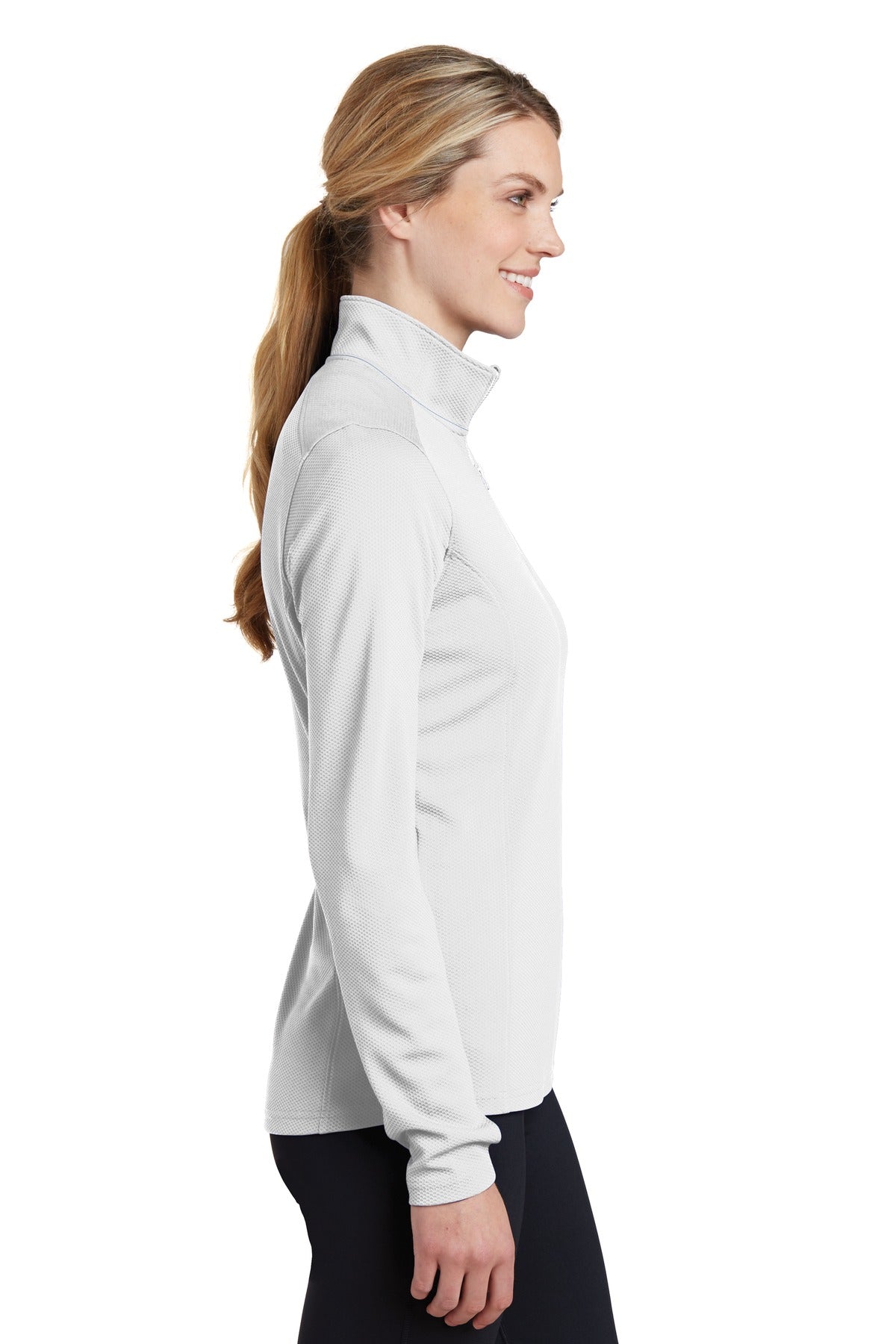 White Sport-Tek Women's Sport-Wick Textured 1/4-Zip Pullover. LST860