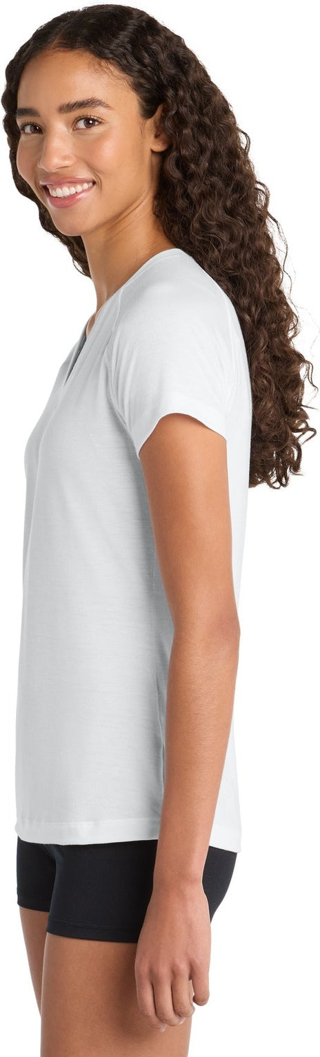 White Sport-Tek Women's Ultimate Performance V-Neck. LST700