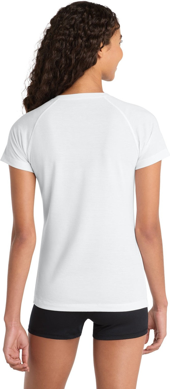 White Sport-Tek Women's Ultimate Performance V-Neck. LST700