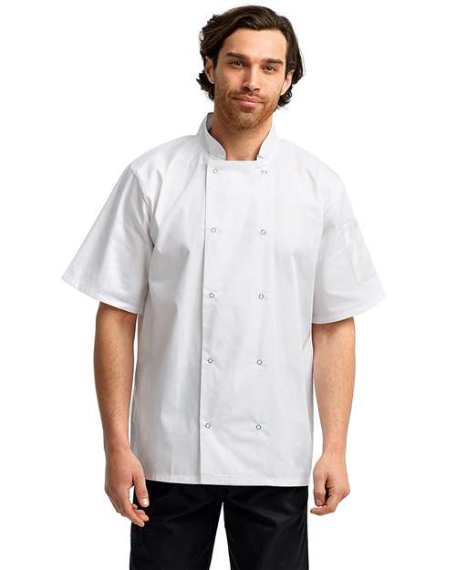 White Ten Studded Front Chef Short Sleeve Coat - RP664