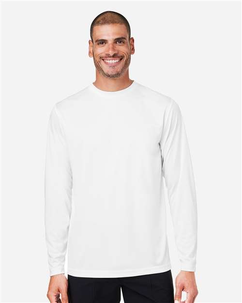 Left View of White Unisex Capital Long Sleeve Performance T-Shirt - CE10L