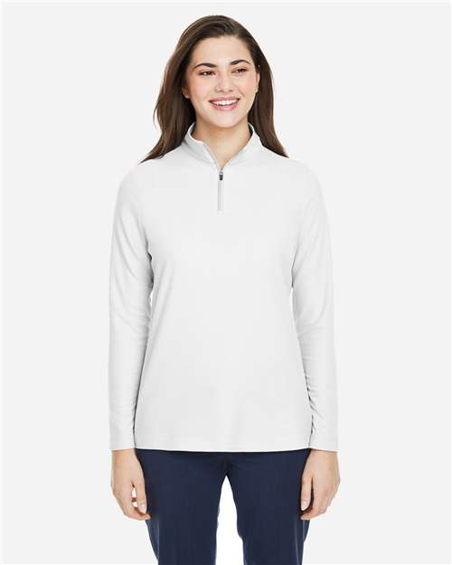 Left View of White Women's Fusion ChromaSoft™ Pique Quarter-Zip Pullover - CE405W