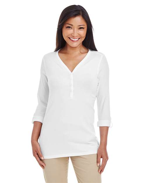 Front View of White Women's Perfect Fit™ Y-Placket Convertible Sleeve Knit Top - DP186W