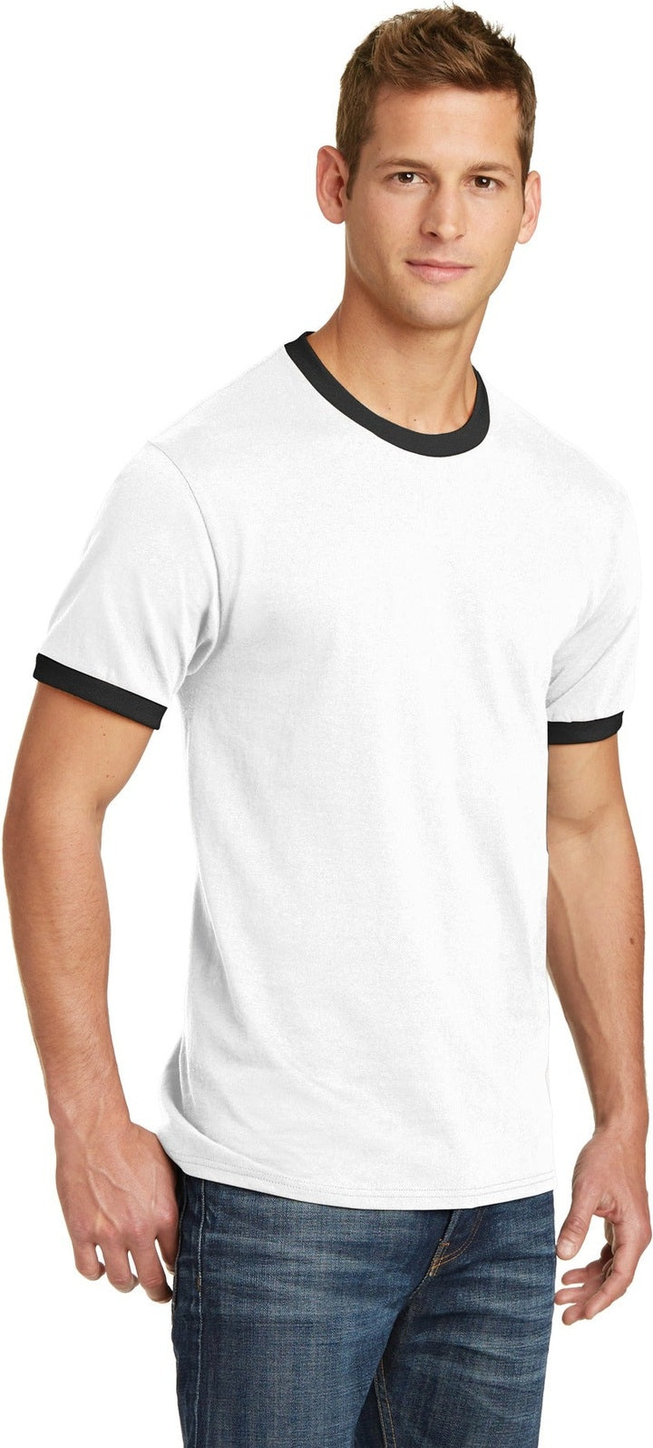 White/Jet Blk Port & Co Core Cotton Ringer Tee. PC54R