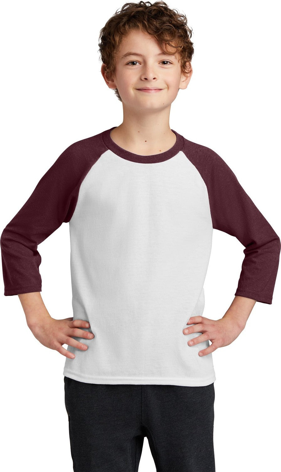 Wht/Ath Maroon Port & Company Youth Core Blend 3/4-Sleeve Raglan Tee. PC55YRS