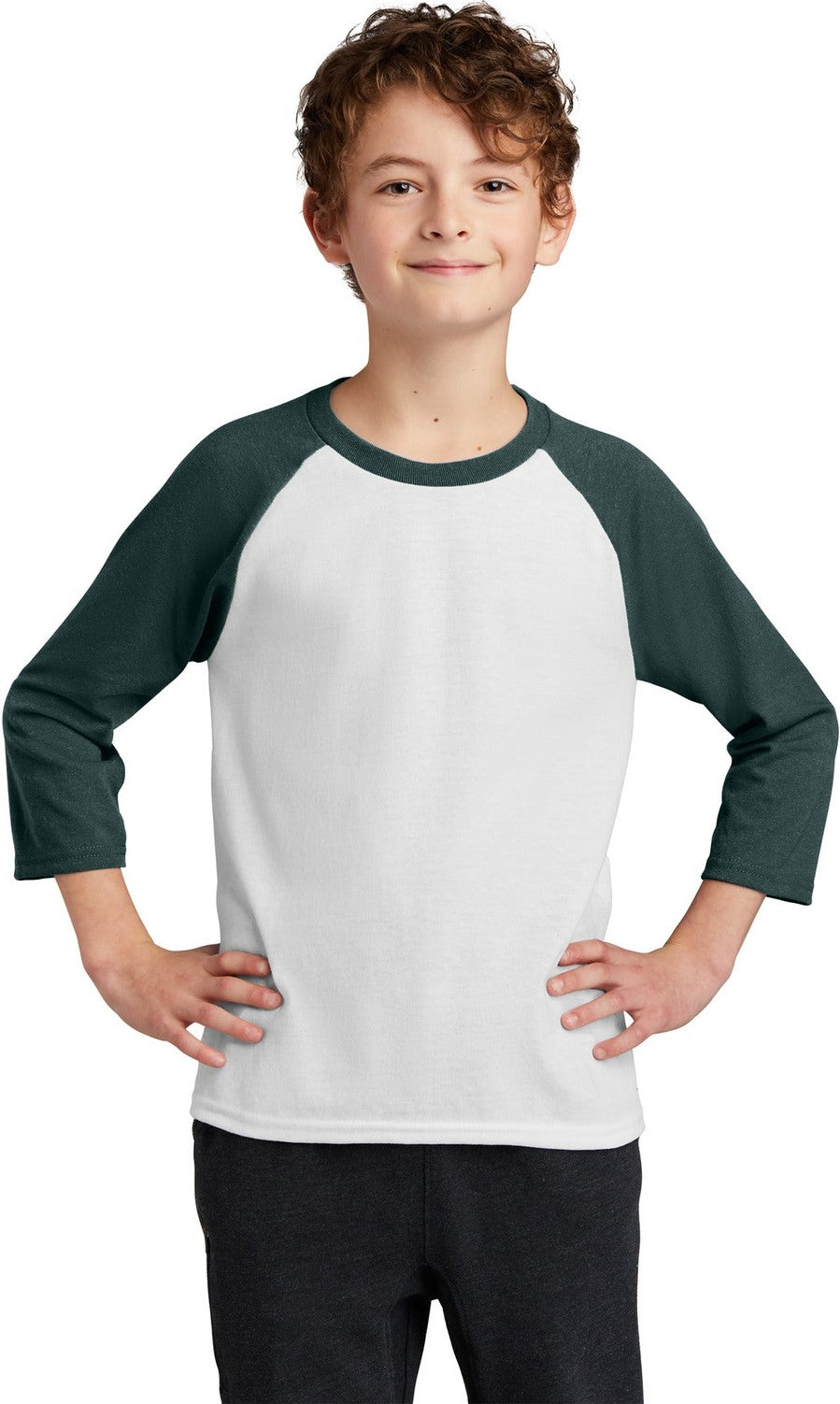 Wht/Dark Green Port & Company Youth Core Blend 3/4-Sleeve Raglan Tee. PC55YRS