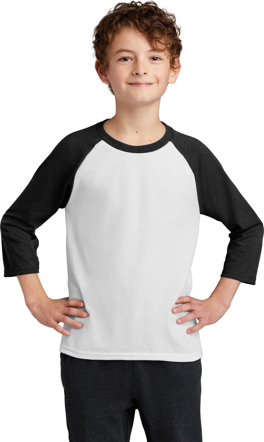 Wht/Jet Black Port & Company Youth Core Blend 3/4-Sleeve Raglan Tee. PC55YRS