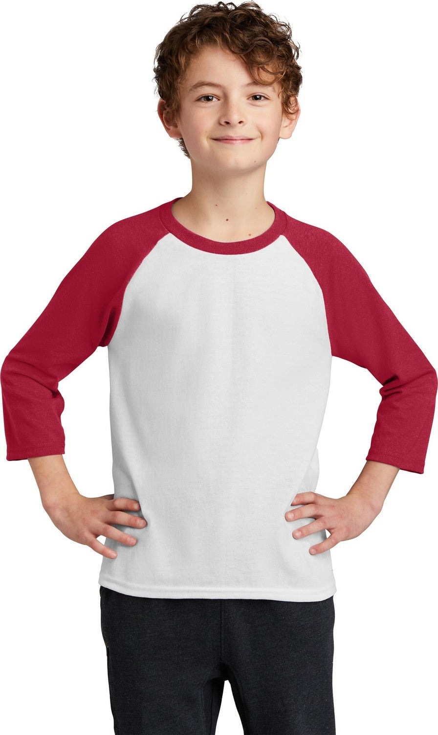Wht/Red Port & Company Youth Core Blend 3/4-Sleeve Raglan Tee. PC55YRS