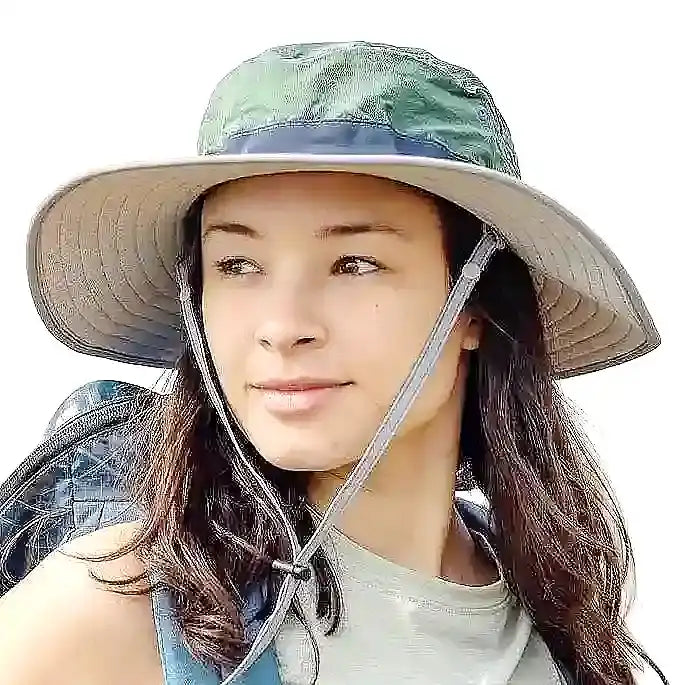 A wide-brimmed sun hat with a green and gray fabric crown, featuring an adjustable chin strap.