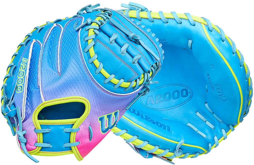 Wilson A2000 Love the Moment Cm33 33.00’’ Catcher’s Mitt Wbw10483533 - Blue Optic Yellow Pink - Right Throw