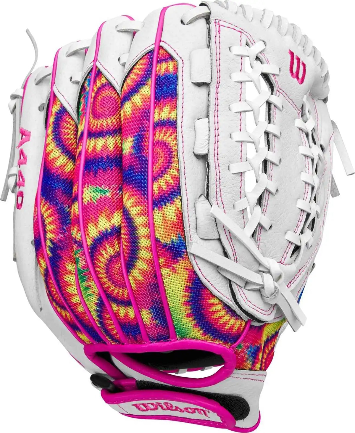 Wilson A440 Flash 12.00’’ Youth Fastpitch Outfield Gloves - White Pink Tie Dye - Right Throw