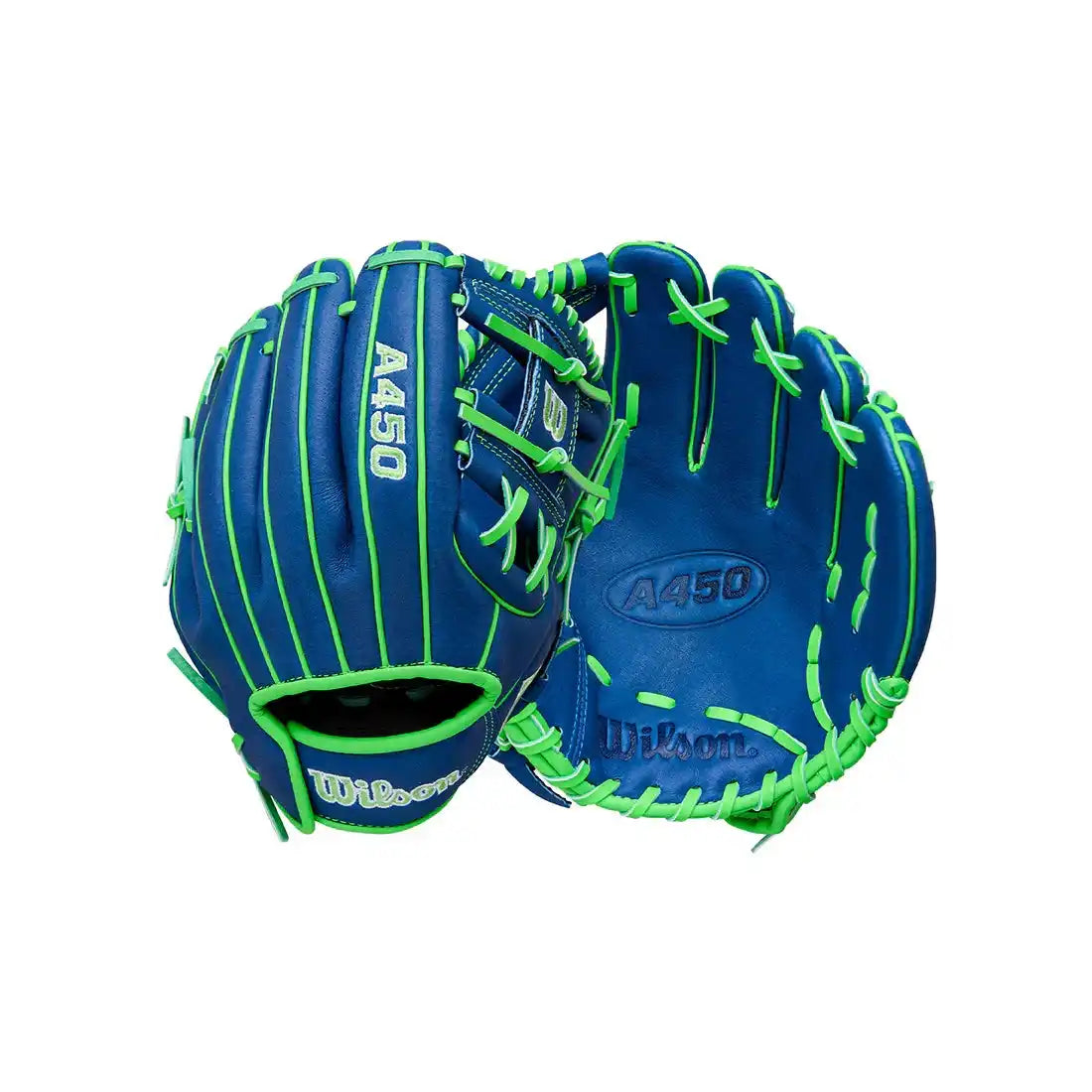 Wilson A450 10.75’’ Youth Infield Glove Wbw1039771075- Royal Neon Green White - Right Throw