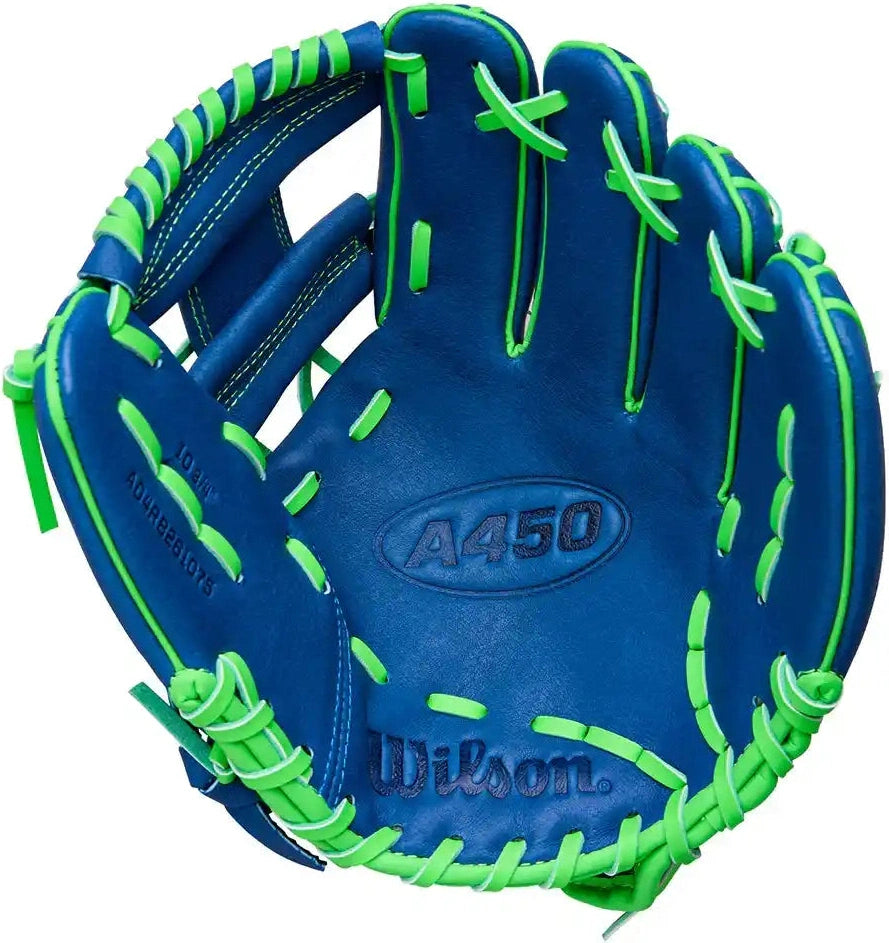 Wilson A450 10.75’’ Youth Infield Glove Wbw1039771075- Royal Neon Green White - Right Throw