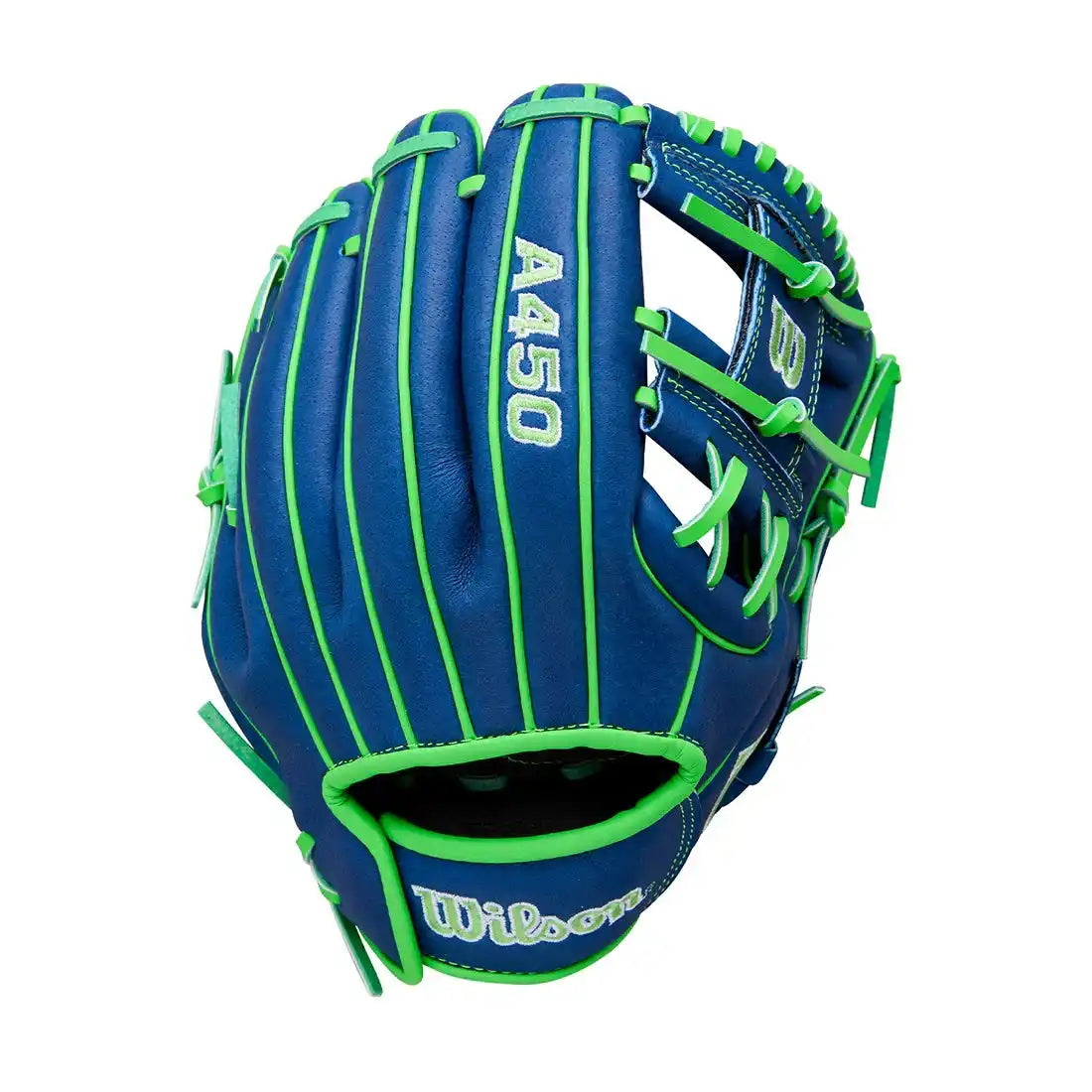 Wilson A450 10.75’’ Youth Infield Glove Wbw1039771075- Royal Neon Green White - Right Throw