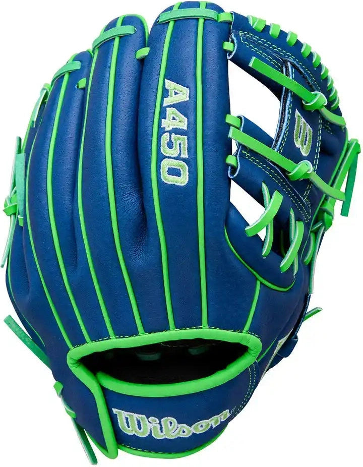 Wilson A450 10.75’’ Youth Infield Glove Wbw1039771075- Royal Neon Green White - Right Throw