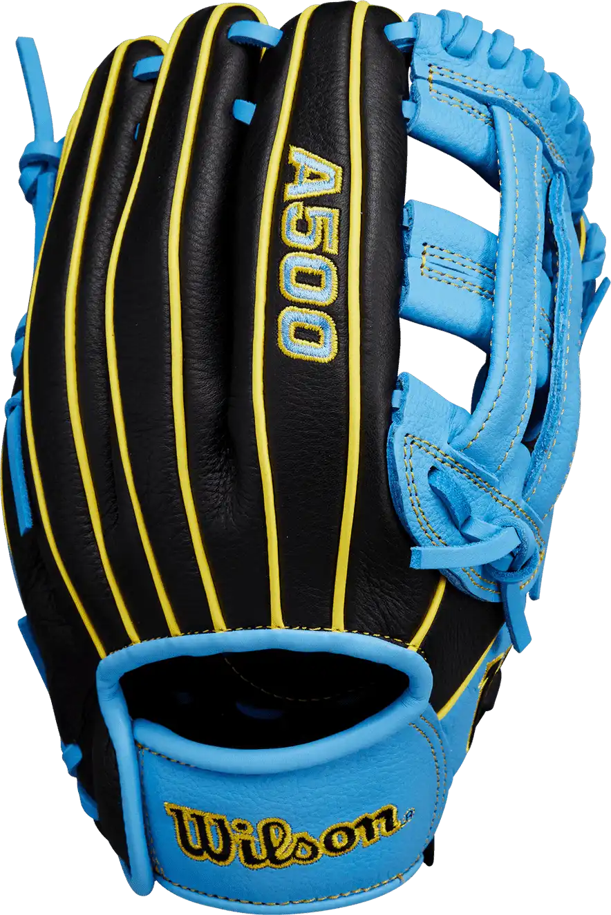 Wilson A500 10.50’’ Infield Baseball Glove - Black Cool Blue Yellow - Right Throw