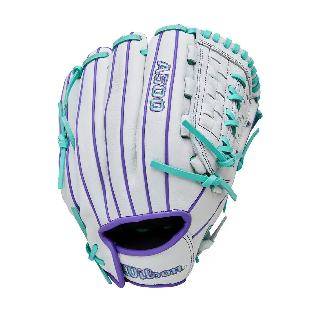 Wilson A500 Siren 11.75’’ Youth Infield Fastpitch Glove Wbw1035581175 - White Purple - Right Throw