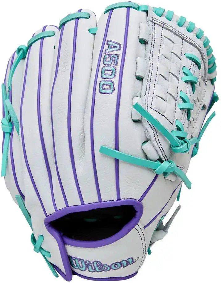 Wilson A500 Siren 11.75’’ Youth Infield Fastpitch Glove Wbw1035581175 - White Purple - Right Throw