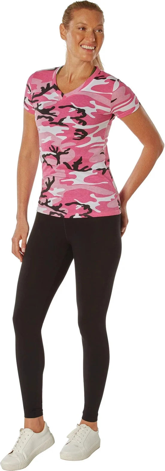 Womens Long Length Camo V-neck T-shirt