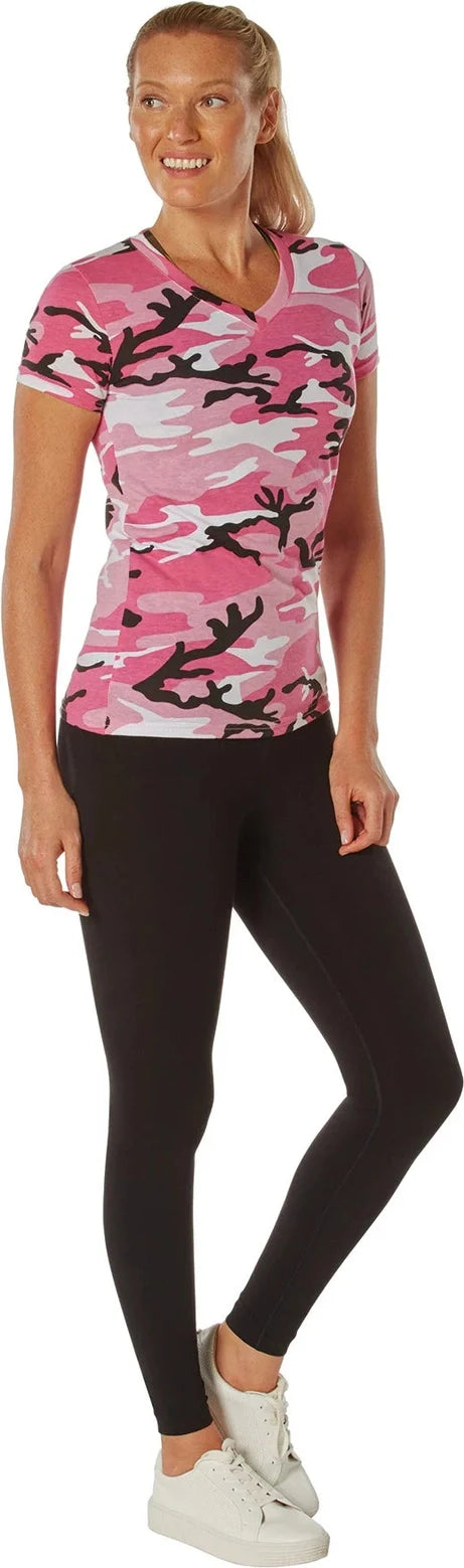 Womens Long Length Camo V-neck T-shirt - Pink / Xs