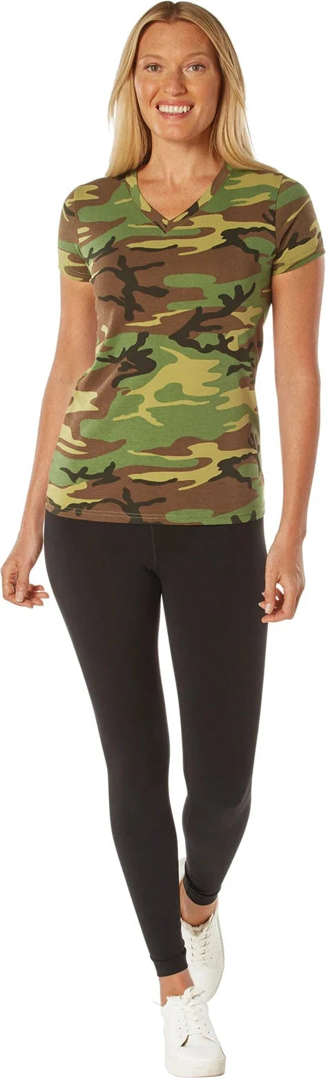 Womens Long Length Camo V-neck T-shirt - Woodland / Xs