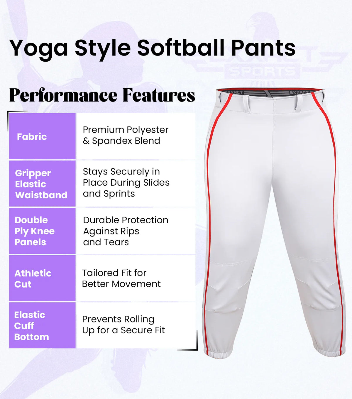 Yoga/knicker Style Softball Pants for Women (white/red)