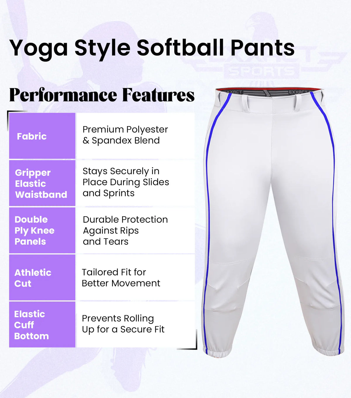 Yoga/knicker Style Softball Pants for Women (white/royal Blue)