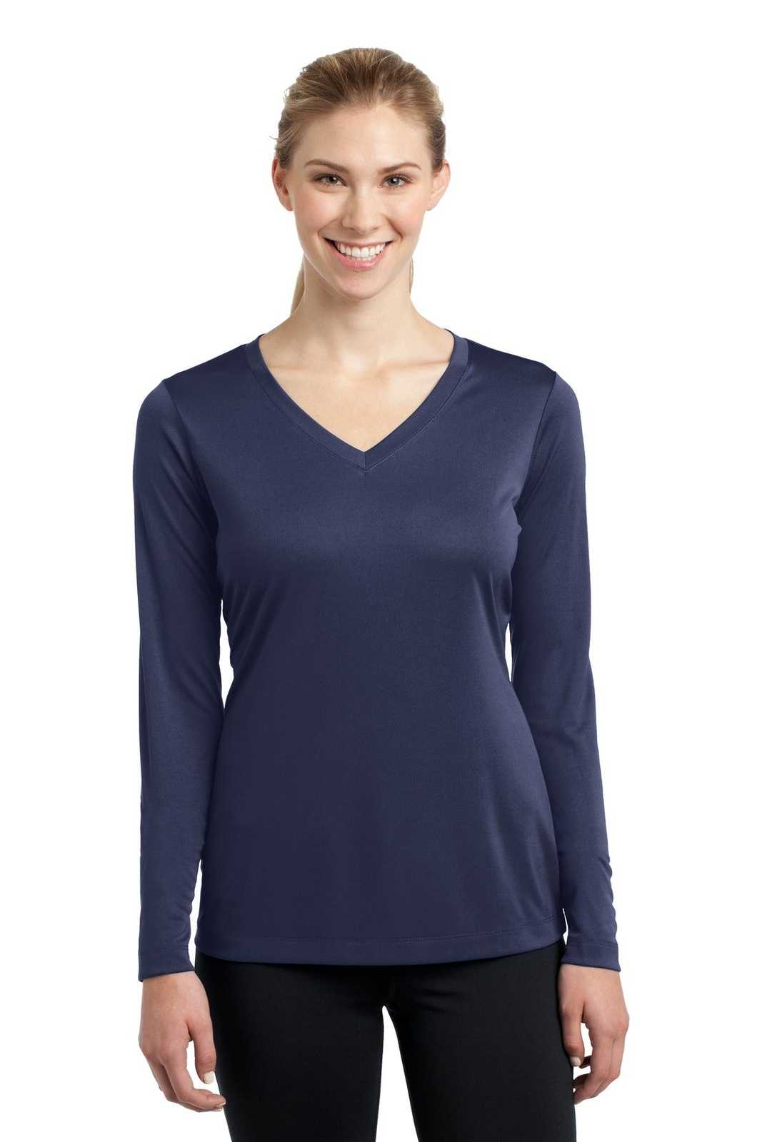 Sport-Tek LST353LS Ladies Long Sleeve PosiCharge Competitor V-Neck Tee - True Navy - HIT a Double - 1
