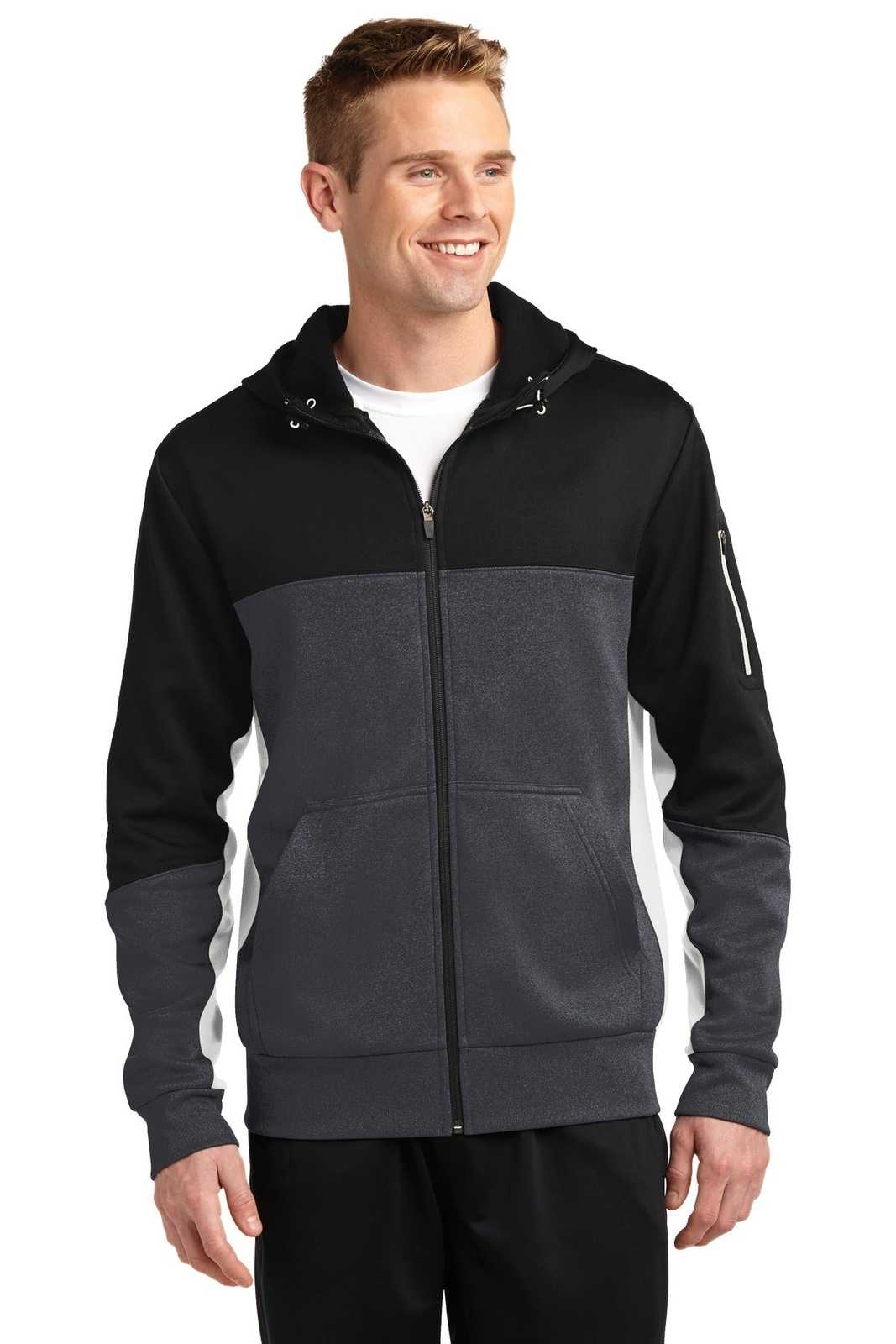 Sport-Tek ST245 Tech Fleece Colorblock Full-Zip Hooded Jacket - Black Graphite Heather White - HIT a Double - 1