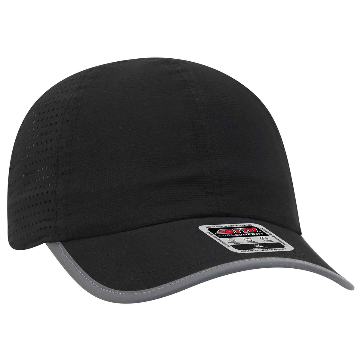 OTTO 133-1258 6 Panel Textured Polyester Pongee with Mesh Inserts Reflective Sandwich Visor Running Cap - Black - HIT a Double - 1
