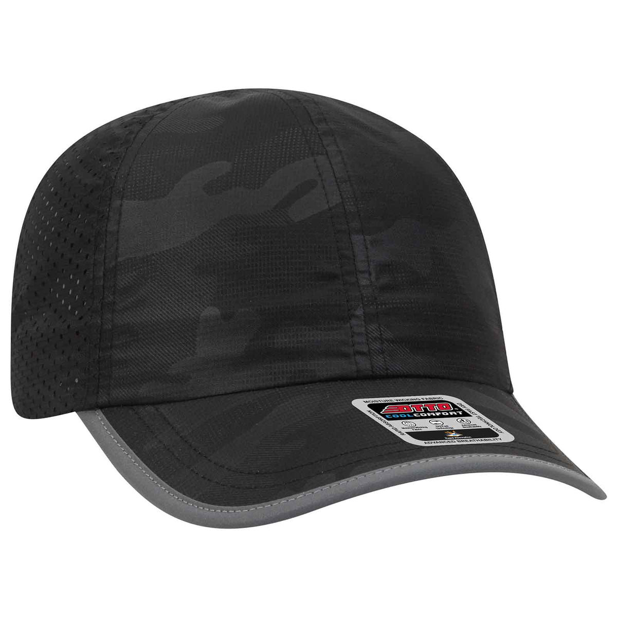 OTTO 133-1258 6 Panel Textured Polyester Pongee with Mesh Inserts Reflective Sandwich Visor Running Cap - Black Camo - HIT a Double - 1