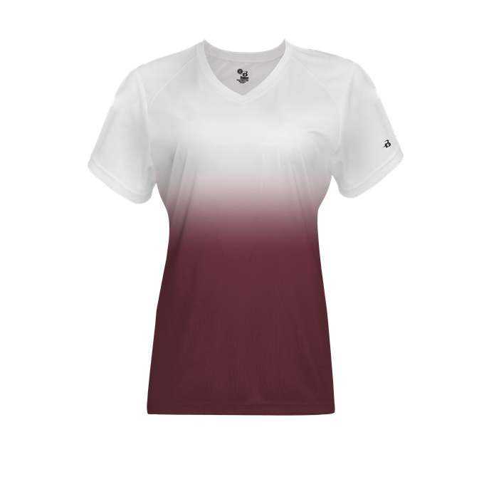 Badger Sport 4207 Ombre Women&#39;s Tee - White Maroon - HIT a Double - 1